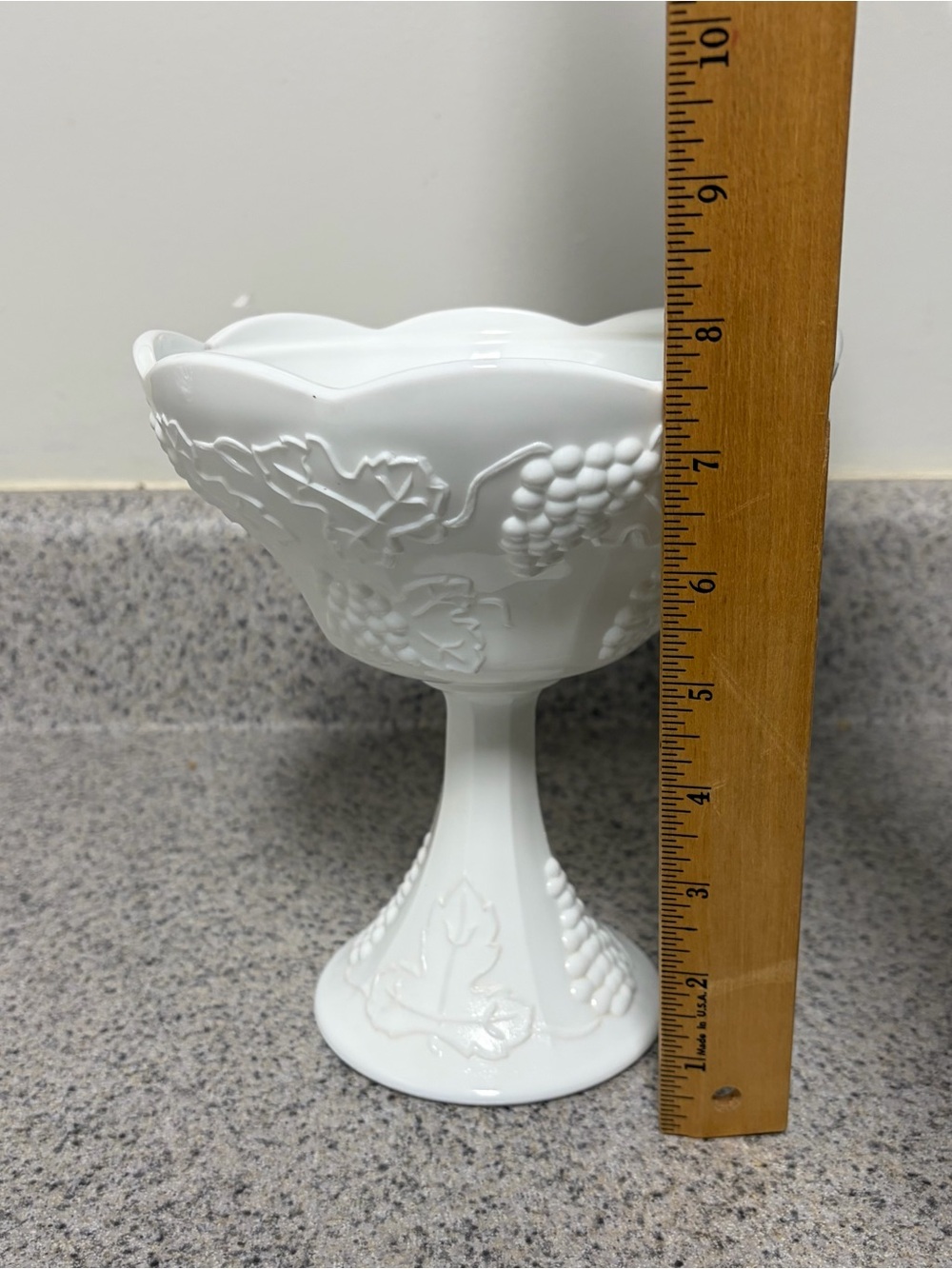 White Milk Glass Compote with Grape Leaf Motif - Picture 8 of 10